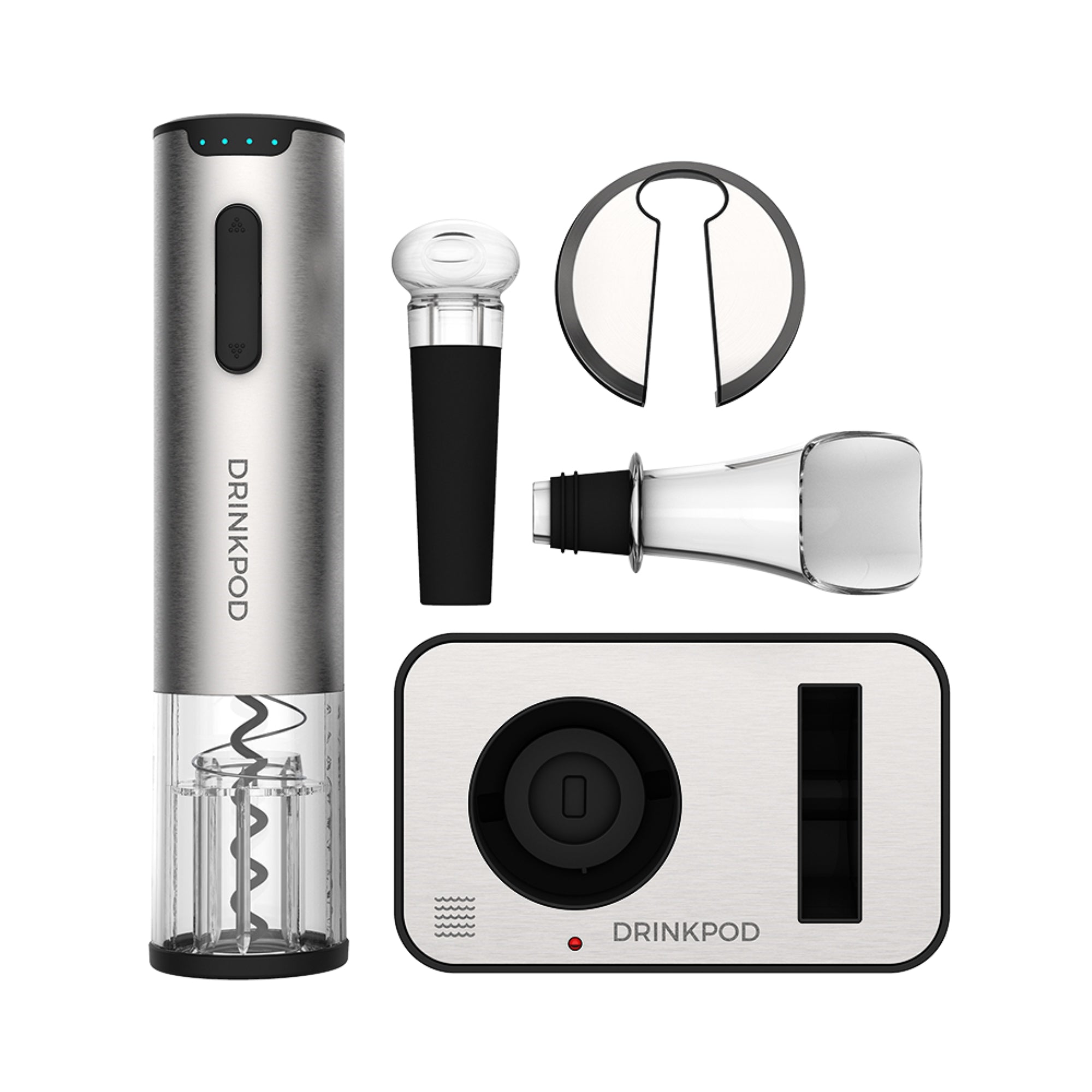 WineKEY Electric Wine Bottle Opener set including opener, charging base, foil cutter, wine pourer, and vacuum stopper in a stylish arrangement.